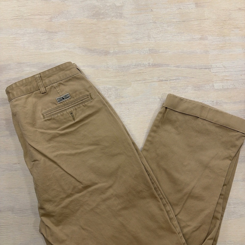VTG Polo Ralph Lauren Chino Andrew Pant Pleated Cuffed Khaki Tan Mens 36x32 - Picture 5 of 9